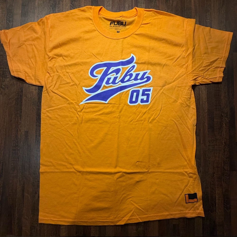 FUBU Men's Orange Tee with Blue Graphic
